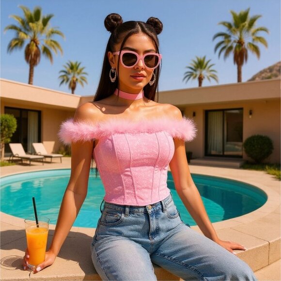 Sugar Thrillz Pink Jacquard Off‑Shoulder Bustier w/ Marabou Trim & Side Zip – S - Picture 4 of 8